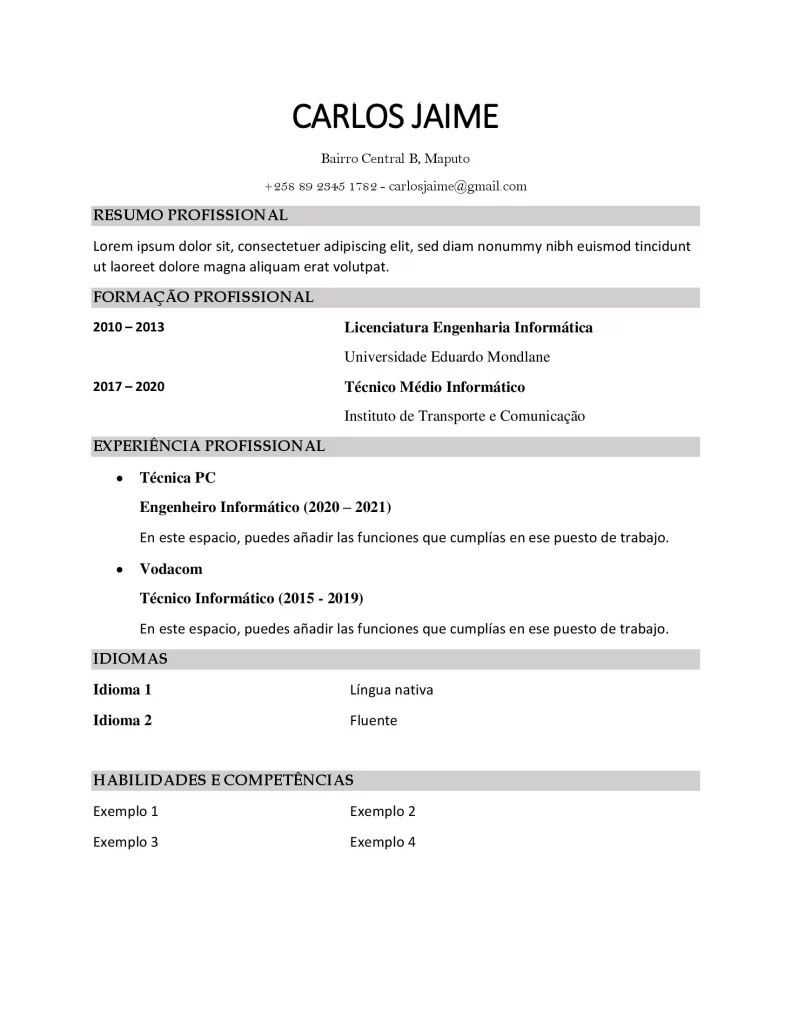 modelo de curriculum vitae em Word 